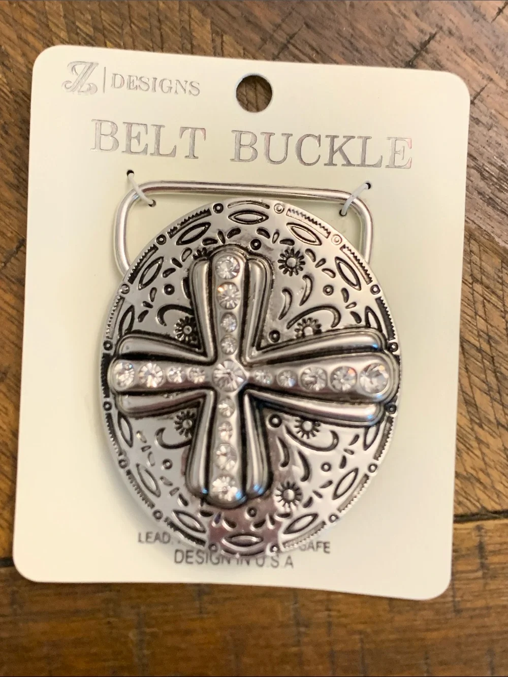 JL Designs Silver Rhinestone Cross Oval Belt Buckle